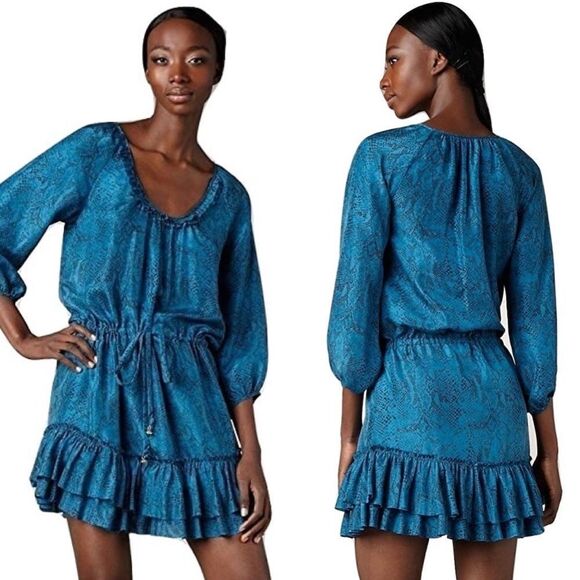 Rebecca Taylor Python Print 3/4 Sleeve Silk Shirt Dress Tunic In Jade Size 0 - Picture 2 of 13